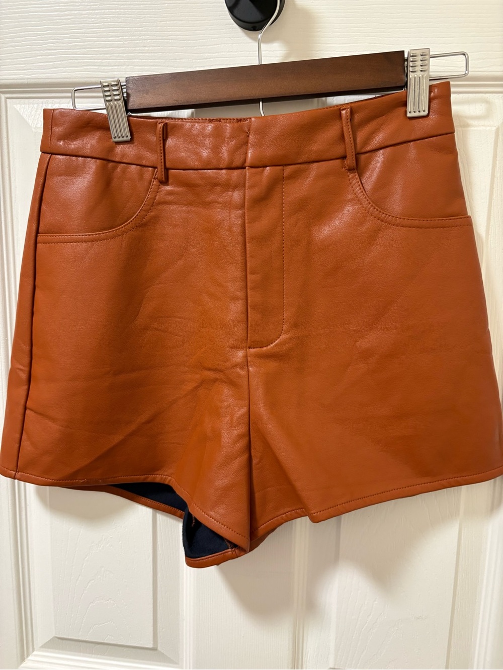 High-Waist Faux Leather Shorts in Rust